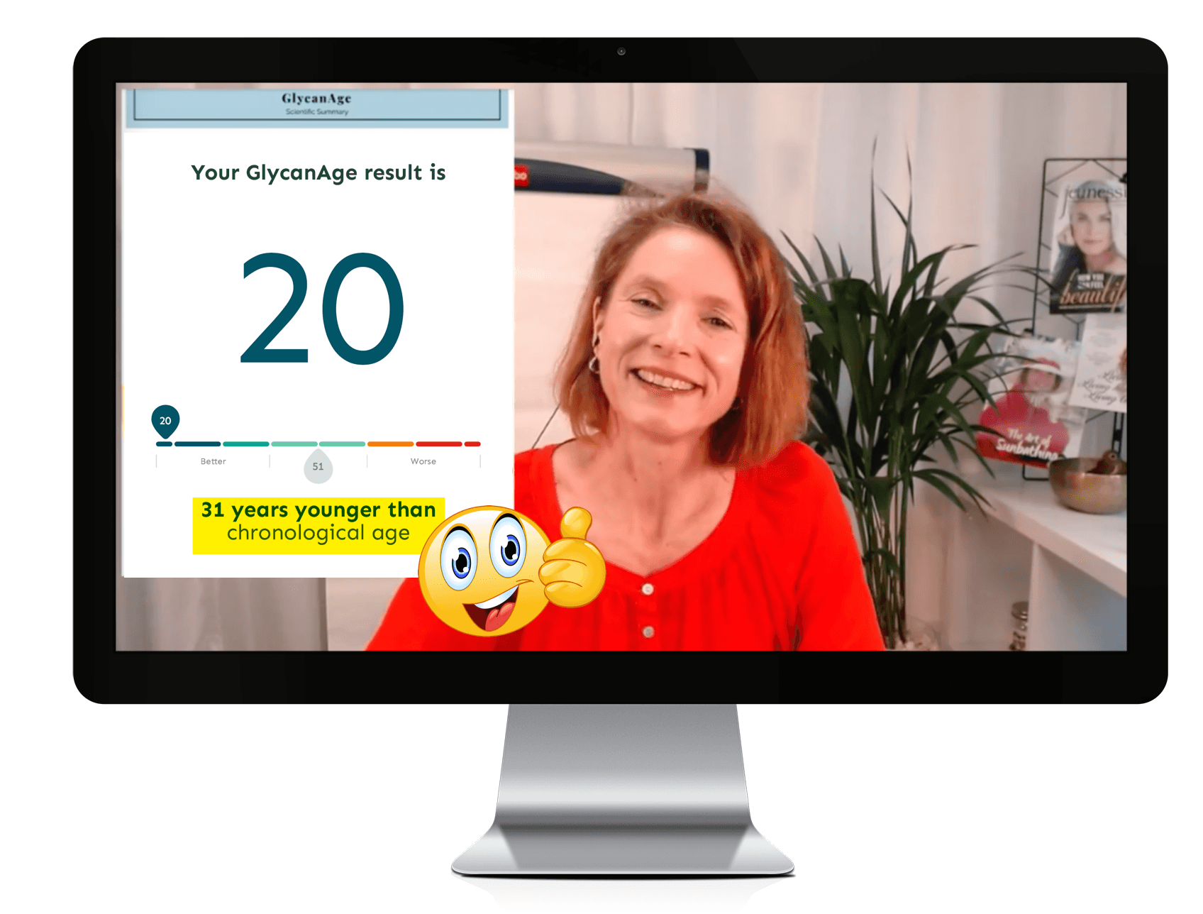 Dr. Ines O'Donovan reviewing GlycanAge biological age test results on an iMac — living proof of Bio-Optimized Leadership™